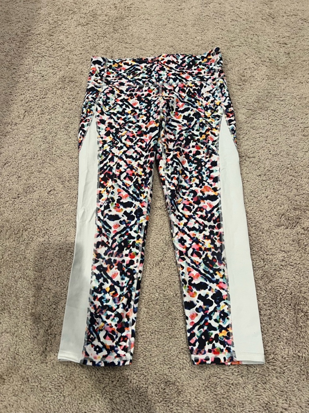 Athleta Medium Multicolor Print Active Capri with White Side Panels